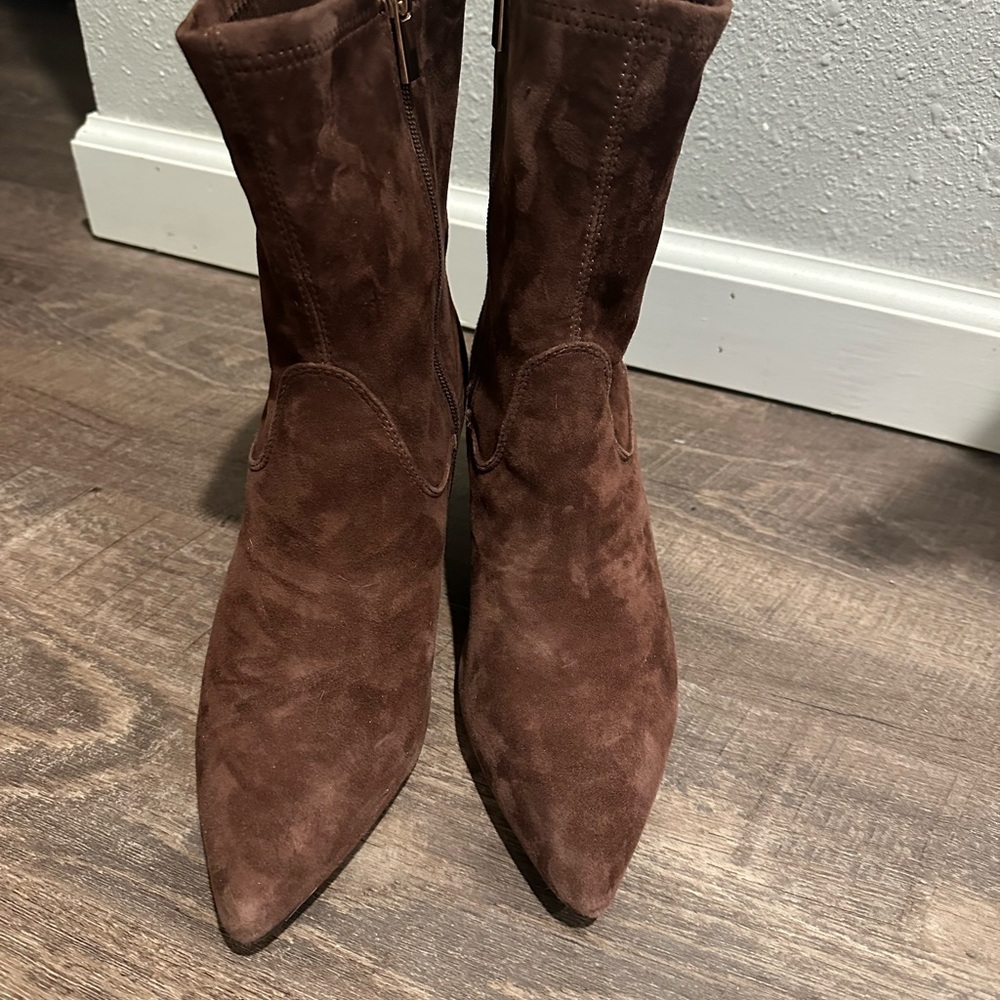 Tahari Women’s Brown Suede Mid-Calf Kitten Heel Boots